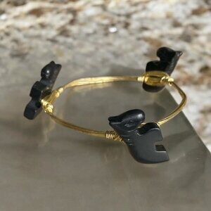 Black Tourmaline Horse Stones Gold Tone Wire Adjustable Bracelet Charms READ